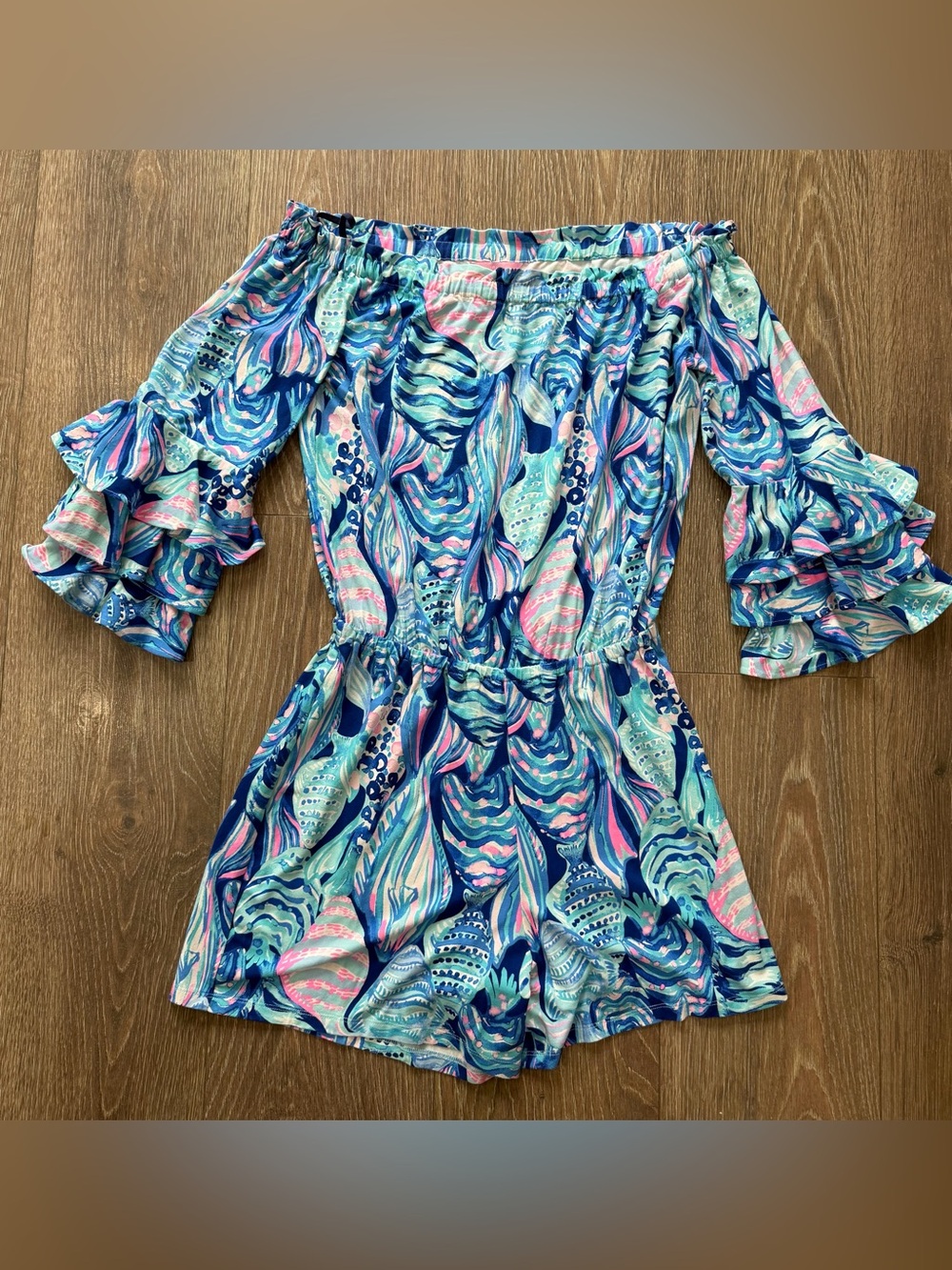 Lilly Pulitzer Calla Off Shoulder Romper Blue Pink Coastal Tropical Size XS